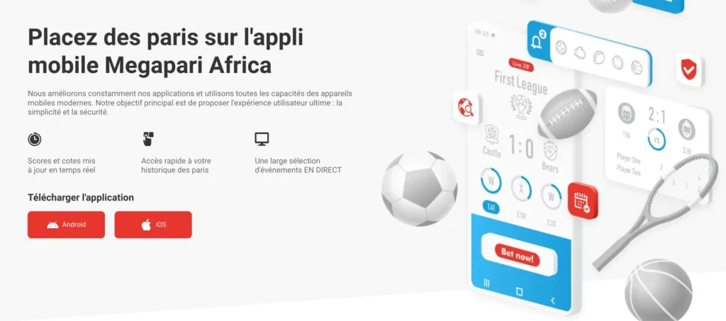 Capture d'écran de l'application mobile Megapari Casino montrant les paris en direct et les jeux de casino.