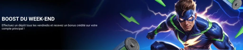 Bannière indiquant « Bonus de recharge de 50 % et tours gratuits le week-end chez 1xBet Maroc