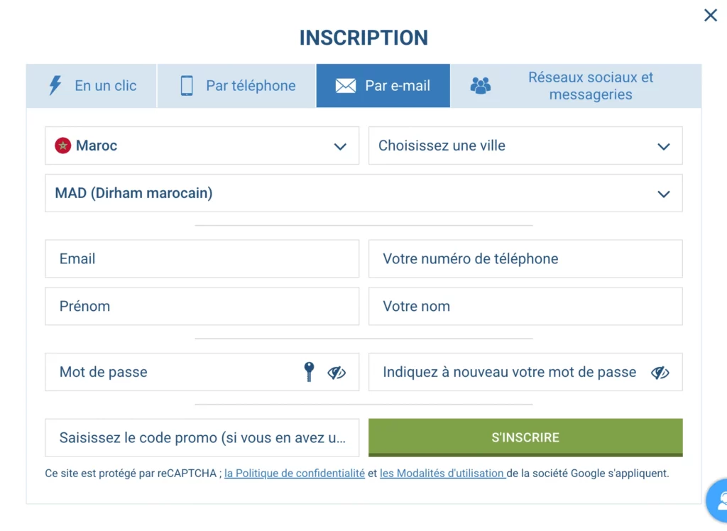 Formulaire d'inscription 1xBet pour les joueurs marocains avec quatre méthodes de création de compte.