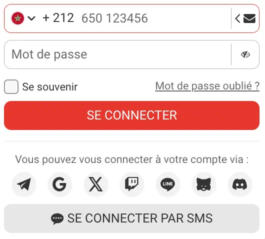 Capture d'écran du formulaire de connexion au casino MegaPari pour les joueurs marocains.
