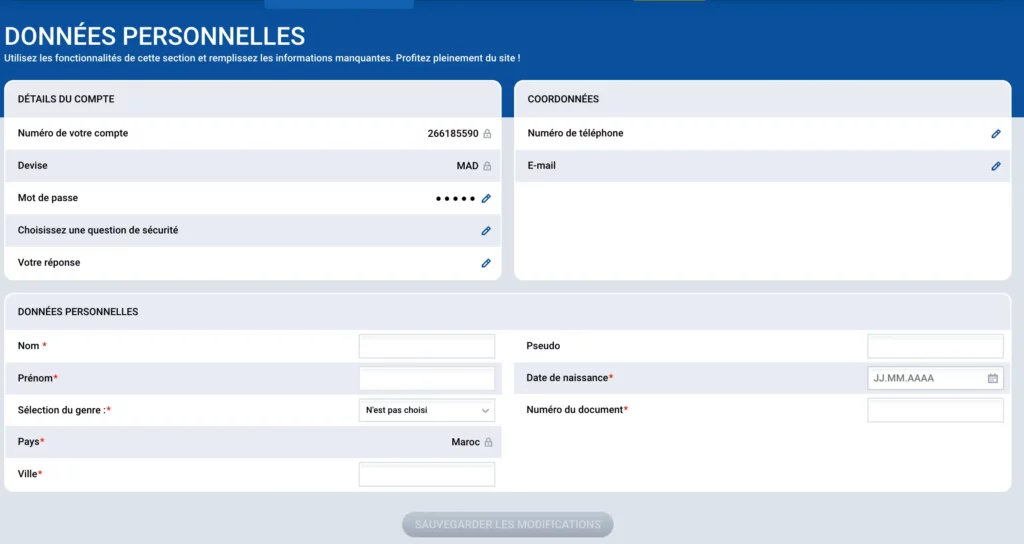 Capture d'écran du formulaire d'informations personnelles de Mostbet Maroc affichant les champs de vérification du compte KYC en français.
