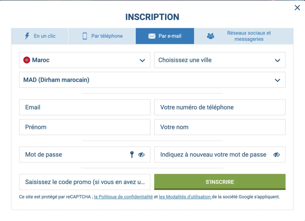 Formulaire d'inscription 1xBet MA par e-mail
