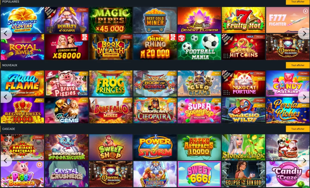 Capture d'écran des jeux de machines à sous les plus populaires d'un casino en ligne marocain.