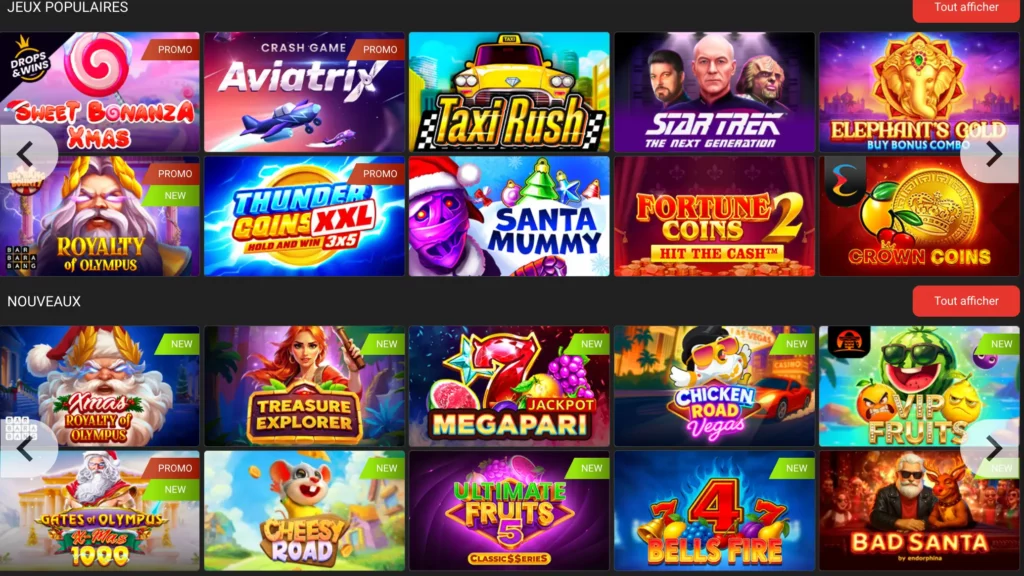Capture d'écran du lobby du casino Megapari avec Crash et Aviator, des machines à sous et des jeux de casino en direct.