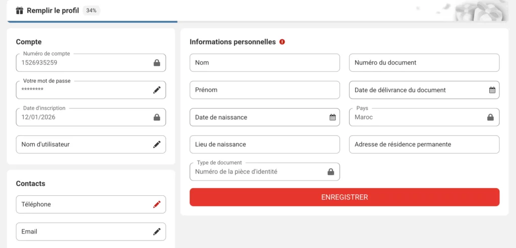 Capture d'écran de la section du profil personnel MegaPari KYC pour la vérification complète du compte.