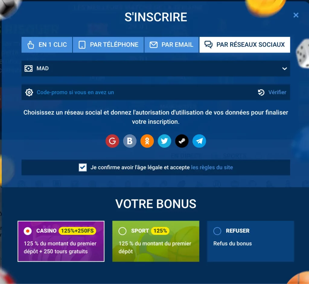 Formulaire d'inscription via les réseaux sociaux de MostBet pour les joueurs marocains.