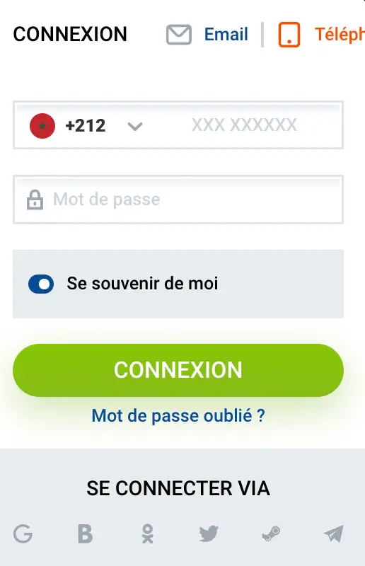 Capture d'écran du formulaire de login de MostBet pour les joueurs marocains