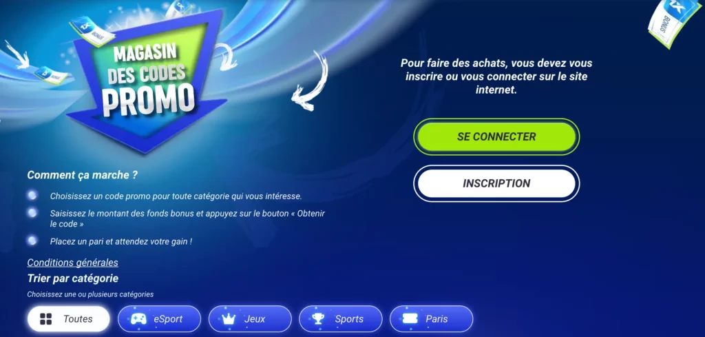 L'interface de la boutique de codes promo affiche les codes promo 1xBet disponibles au Maroc pour les paris et les tours gratuits.