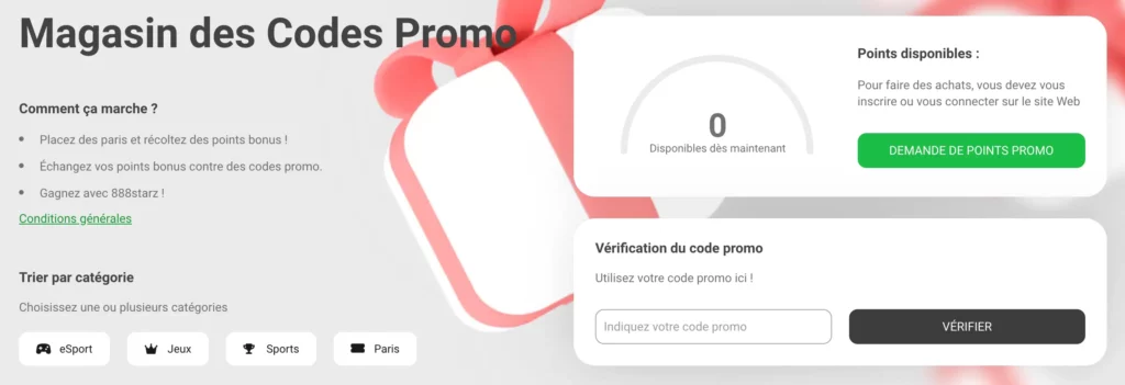 L'interface de la boutique des codes promo du casino 888Starz présentant les différentes options de bonus.