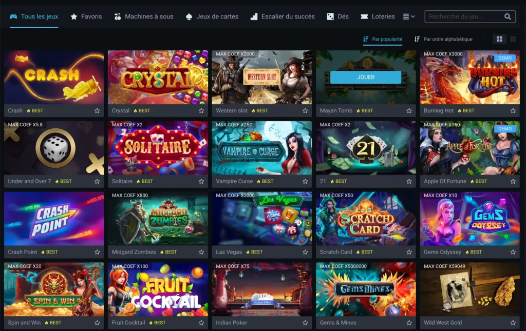Capture d'écran du lobby des jeux du casino Gooobet dans la langue locale, présentant les catégories machines à sous, casino en direct et jeux crash.
