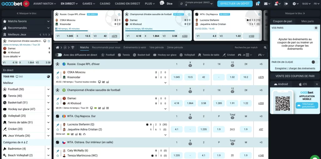 Capture d'écran de la section paris sportifs de Gooobet Maroc Casino dans la langue locale, affichant les cotes de football en direct et les options de coupon de pari.
