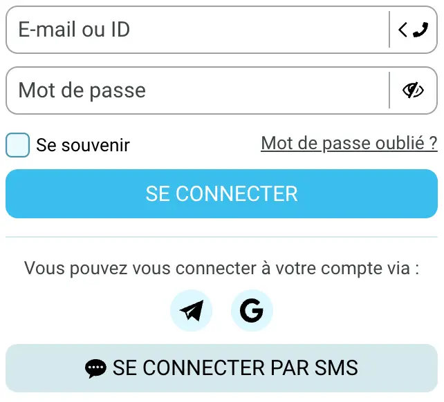 Capture d'écran du formulaire de connexion au casino Gooobet affichant les options de connexion par e-mail, téléphone, SMS et réseaux sociaux.