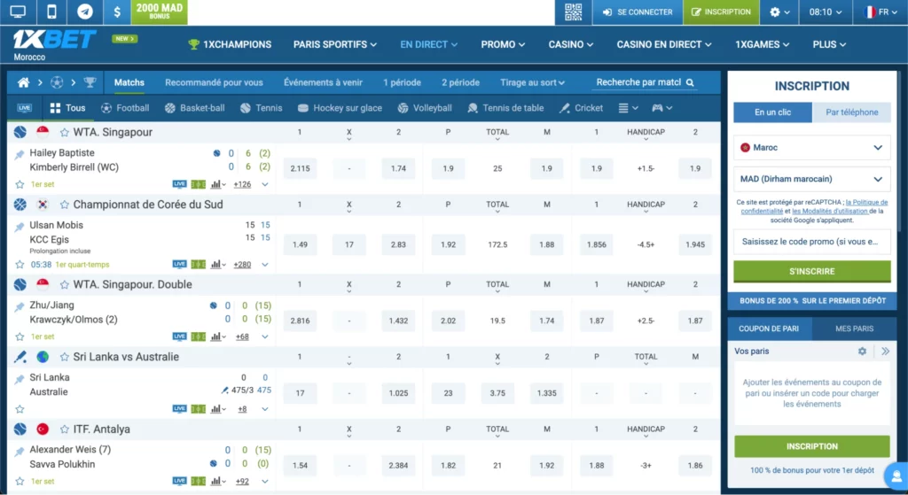 Les paris sportifs de 1xBet Casino MA proposent des cotes en direct et des paris sur le football, le basket-ball et les championnats marocains locaux.
