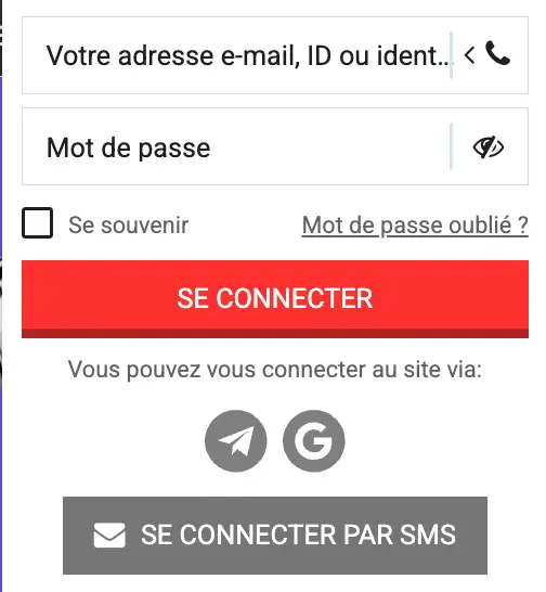 Capture d'écran du formulaire sur le casino Paripulse connexion à la plateforme en français, avec les options e-mail, téléphone et SMS.